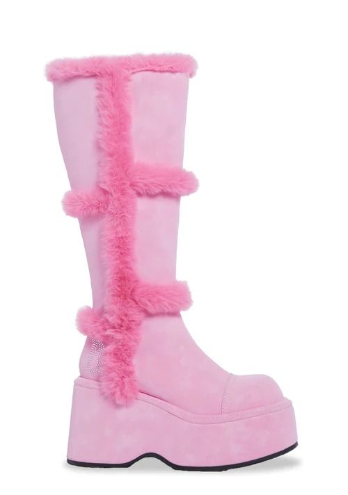 What's New Shoes: Boots, Heels & Platforms Shoes – Dolls Kill Pink Faux Leather Winter Boots, Winter Pink Faux Leather Boots, Trendy Faux Fur Boots With Round Toe, Goth Prep, Shop Dolls, Bratz Aesthetic, Patchwork Boots, Dolls Kill Shoes, Colorful Outfits