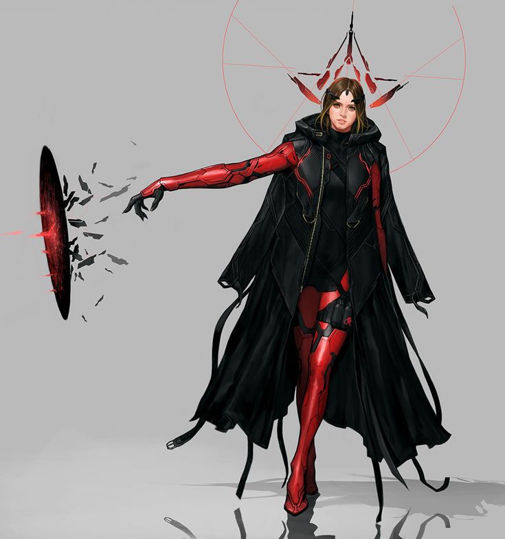 a woman dressed in red and black with horns on her head holding a circular object