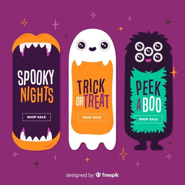 three halloween banners with cute monsters and words on them, one says spooky nights or trick or treat shop sale