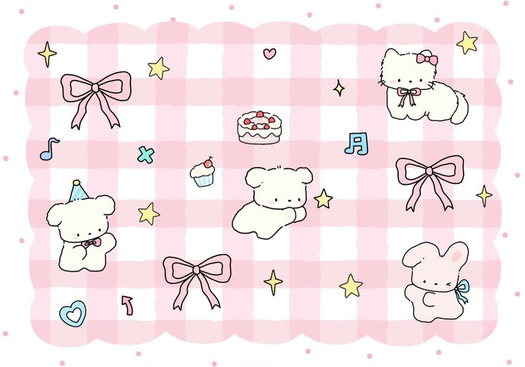 a pink checkered background with teddy bears and other items