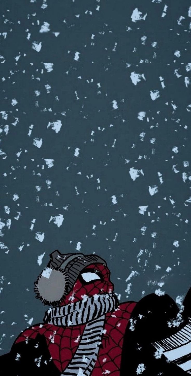 a drawing of a person wearing a hat and scarf with snow flakes on the ground