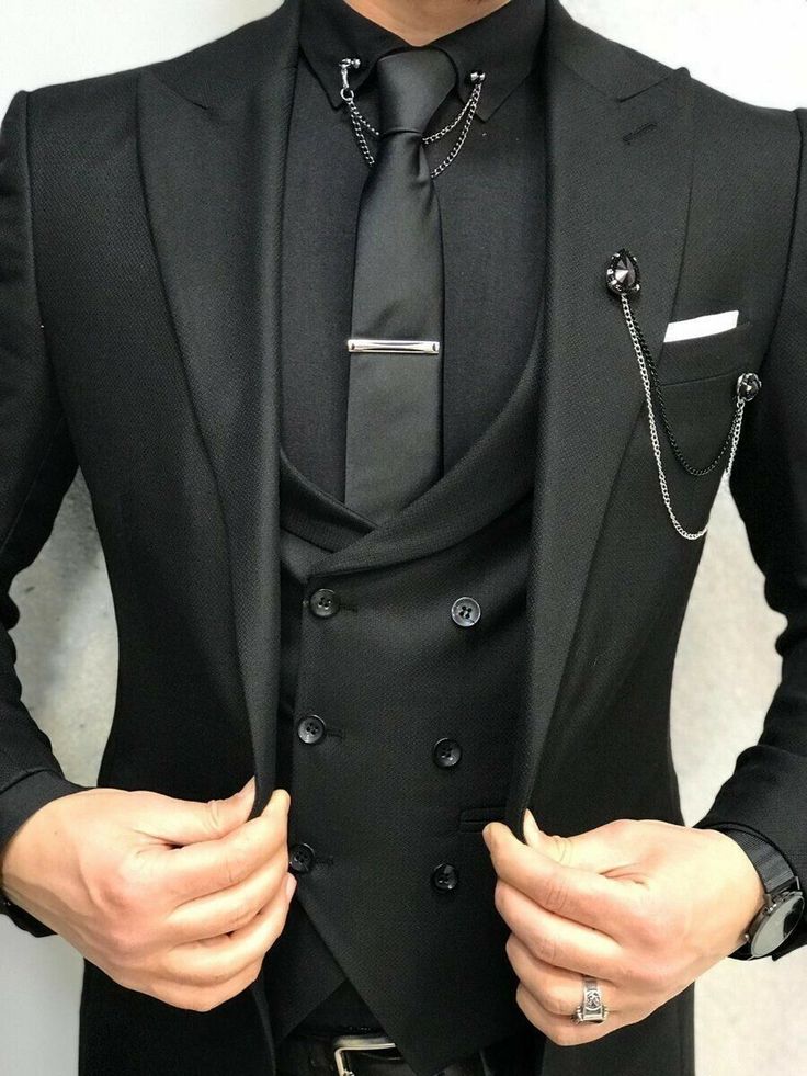 Men Black 3 Piece Slim Fit Suit Peak Lapel Groom Tuxedo Wedding Suit Custom | eBay Groom Tuxedo Wedding, Tie Chain, Tuxedo Wedding Suit, Black Suit Men, Slim Fit Suit Men, Suits Men Business, Summer 19, Groom Tuxedo, Dress Suits For Men