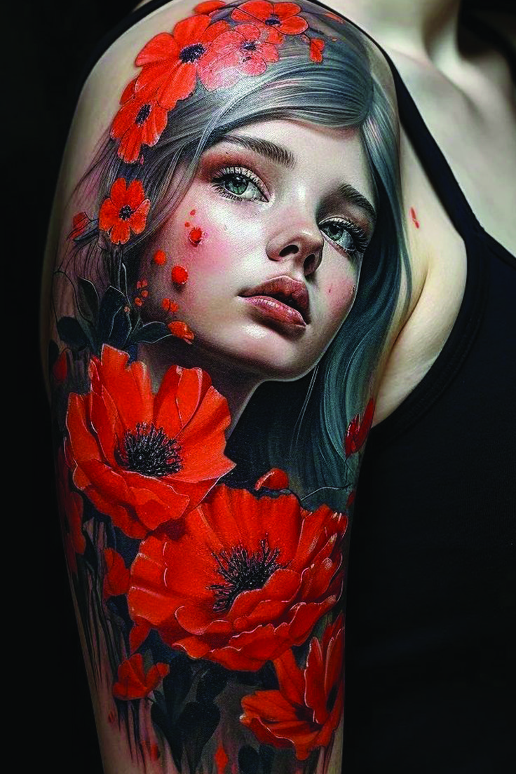 Tattoo Flower Tattoos With Color Shading, Flower Tattoo Color Design, Word Tattoos On Hand, Color Realism Tattoo, Neotrad Tattoos, Font Tato, Realistic Flower Tattoo, Tato Tradisional, Mujeres Tattoo