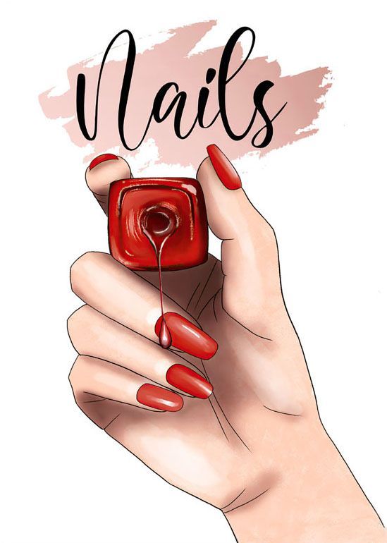 a woman's hand holding a red nail polish bottle with the words nails on it