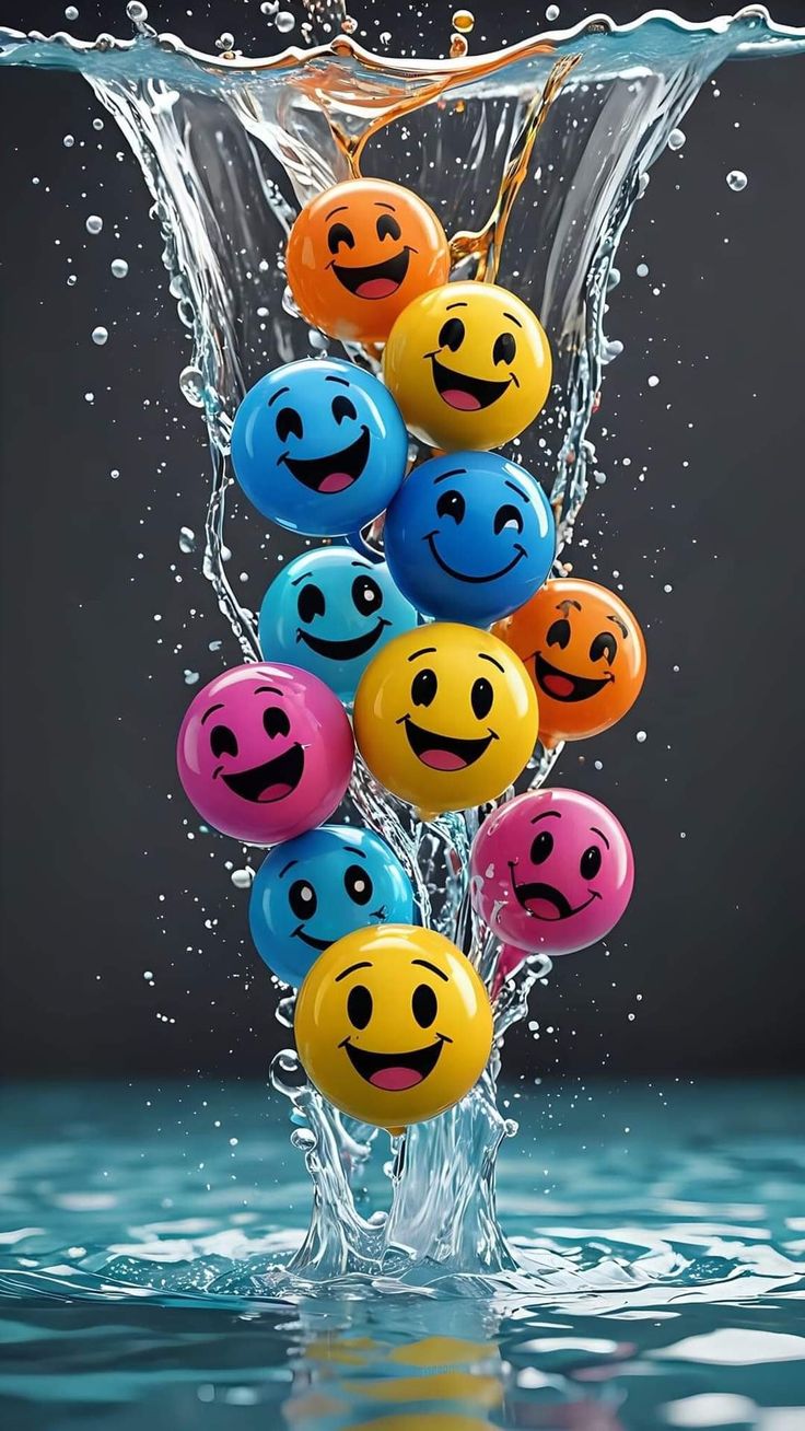 a bunch of smiley face balloons floating in the air with water splashing around them