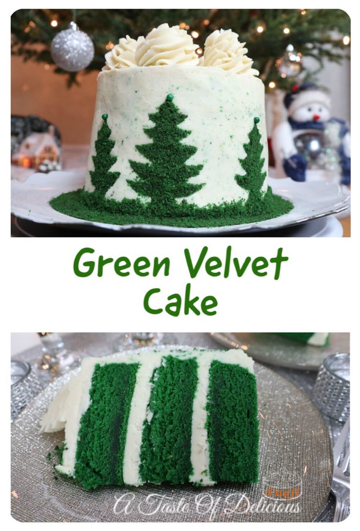 green velvet cake with white frosting and trees on it