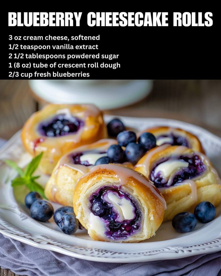 blueberry cheesecake rolls on a white plate