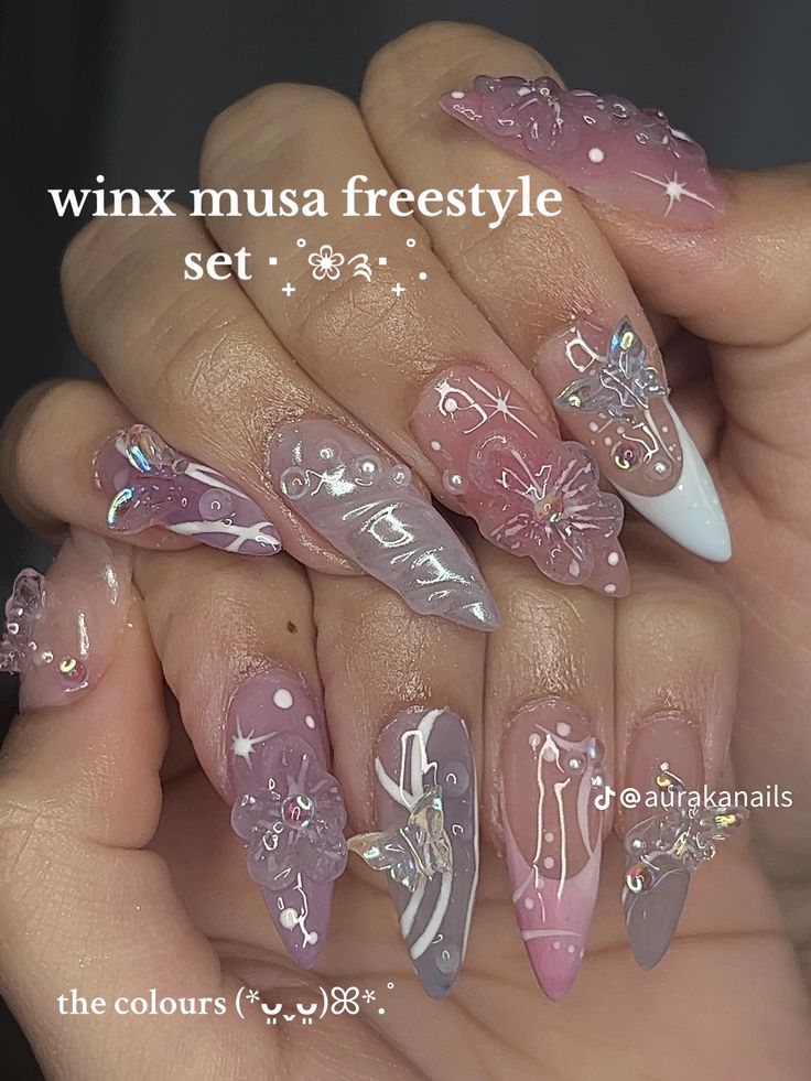 Butterfly Inspo Nails, Fairytopia Nails, Nail Designs Fairy, Winx Club Inspired Nails, Princess Nails Aesthetic, Japanese Jelly Nails, Fairy Acrylic Nails, Euphoria Nails Ideas, Winx Club Nails