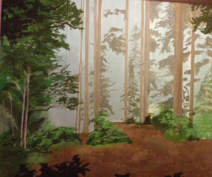 a painting of a forest scene with trees