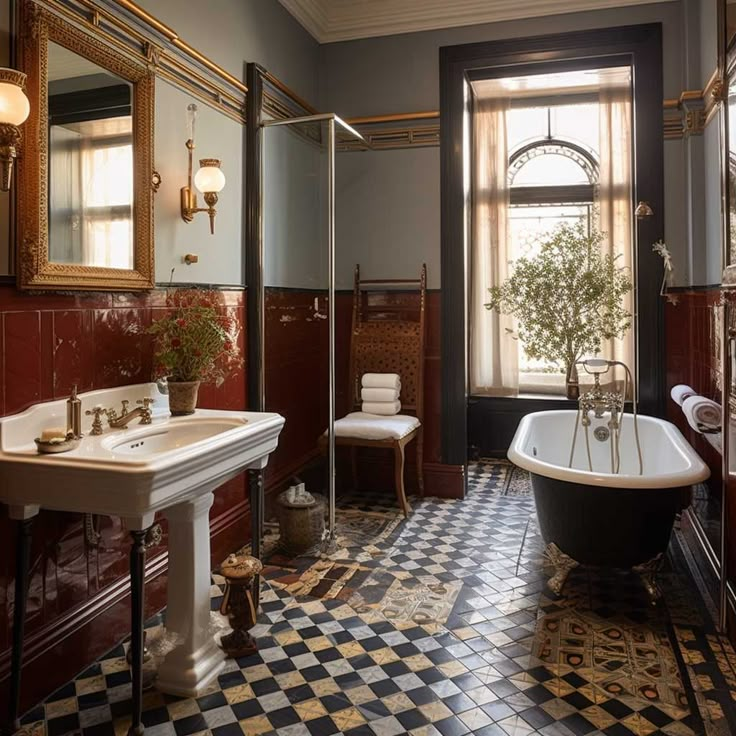 a bath room with a tub a sink and a mirror on the wall in it