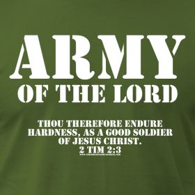 the words army of the lord are in white letters on green background, with an image of