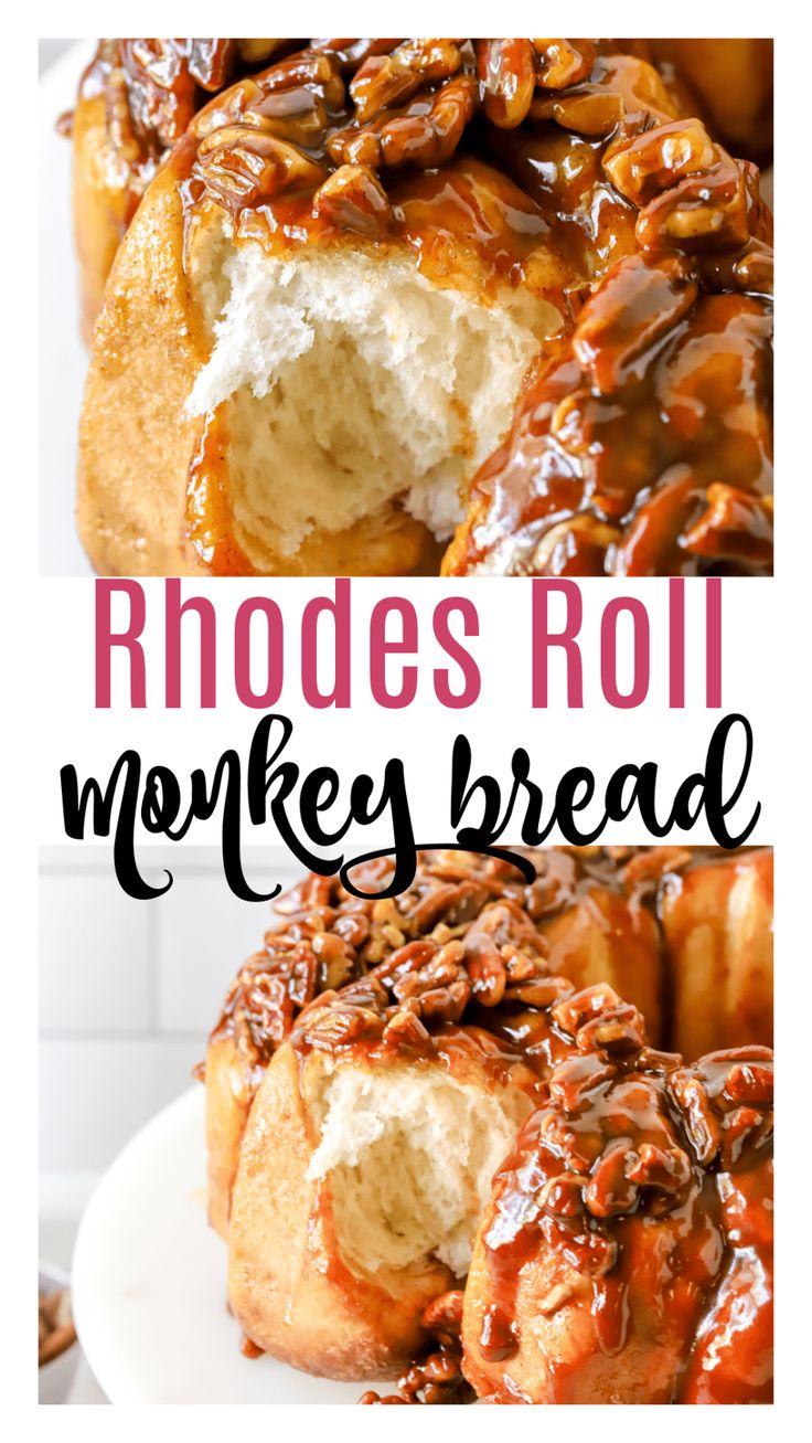 a close up of a monkey bread with pecans on top and the words rhodes roll monkey bread