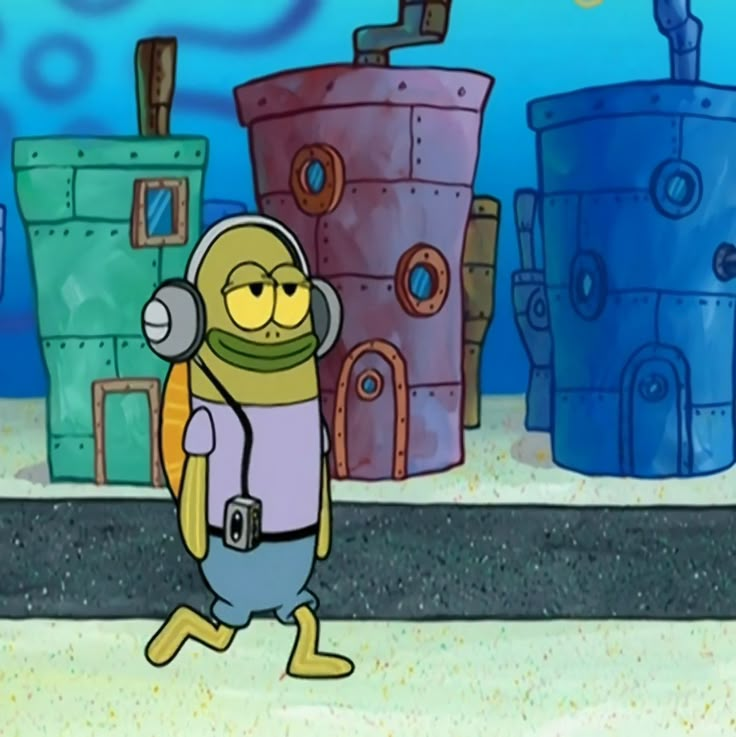 a cartoon character with headphones on walking in front of stacks of garbage cans and trash cans