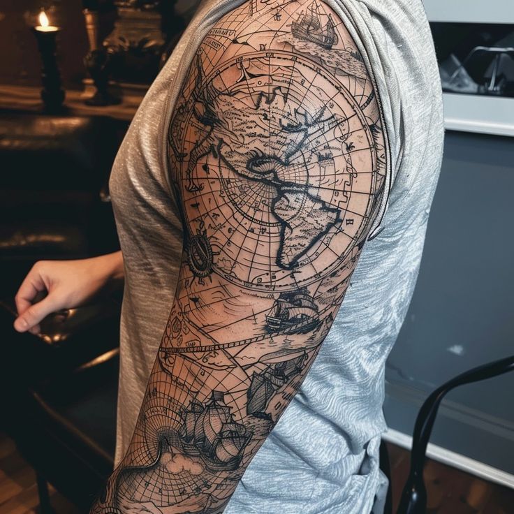 Detailed world map tattoo on arm with intricate linework and meticulous detailing, inspired by geography. Perfect tattoo for travel lovers and geography enthusiasts. World Map Tattoo Design, Map Tattoo Design, World Map Tattoo, Ship Tattoo Sleeves, World Map Tattoos, Biblical Tattoos, Map Tattoo, Tattoo On Arm, Detailed World Map