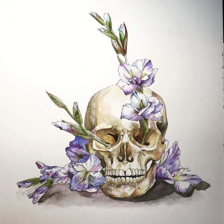 a watercolor painting of a human skull with flowers on its head