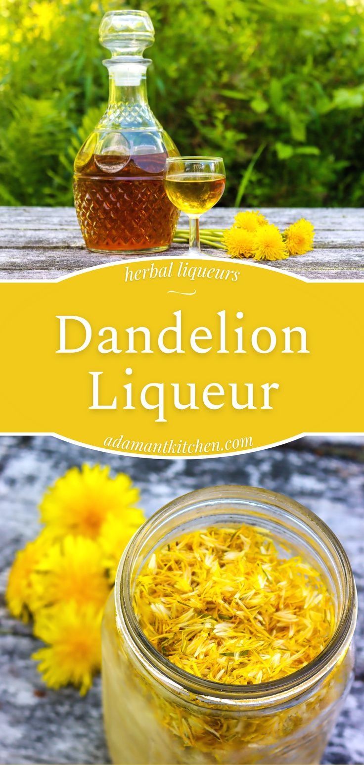 dandelion liqueur in a glass jar next to flowers