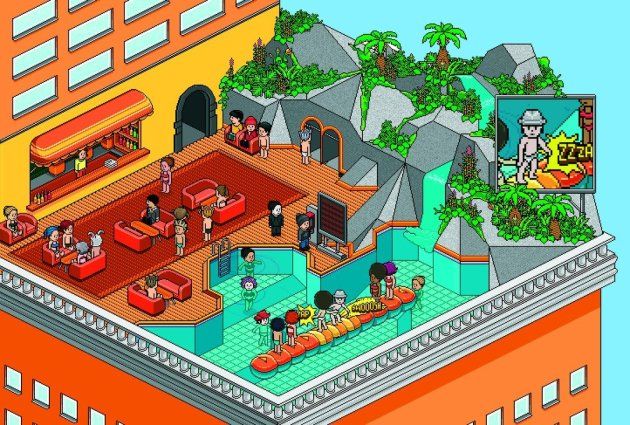 the simpsons house is on top of a building with people in it and some are eating