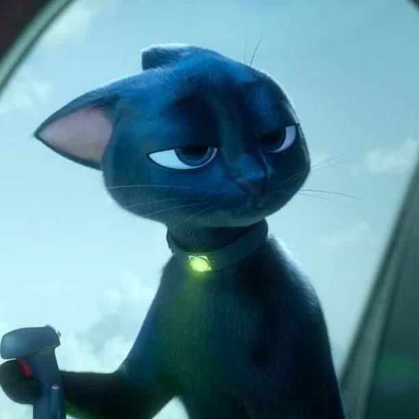 a blue cat with glowing eyes holding a hair dryer in front of a mirror