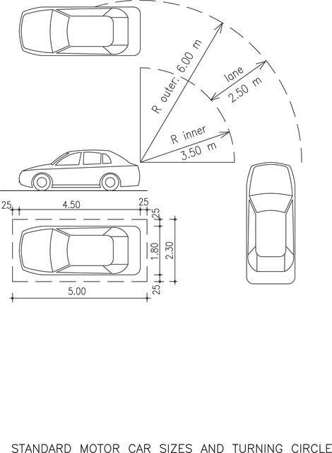 the drawing shows an overhead view of a car and two cars, with measurements for each vehicle