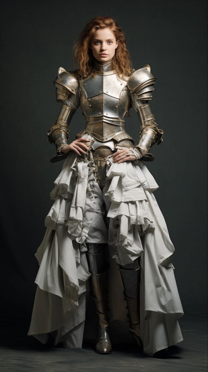 a woman dressed in armor standing with her hands on her hips