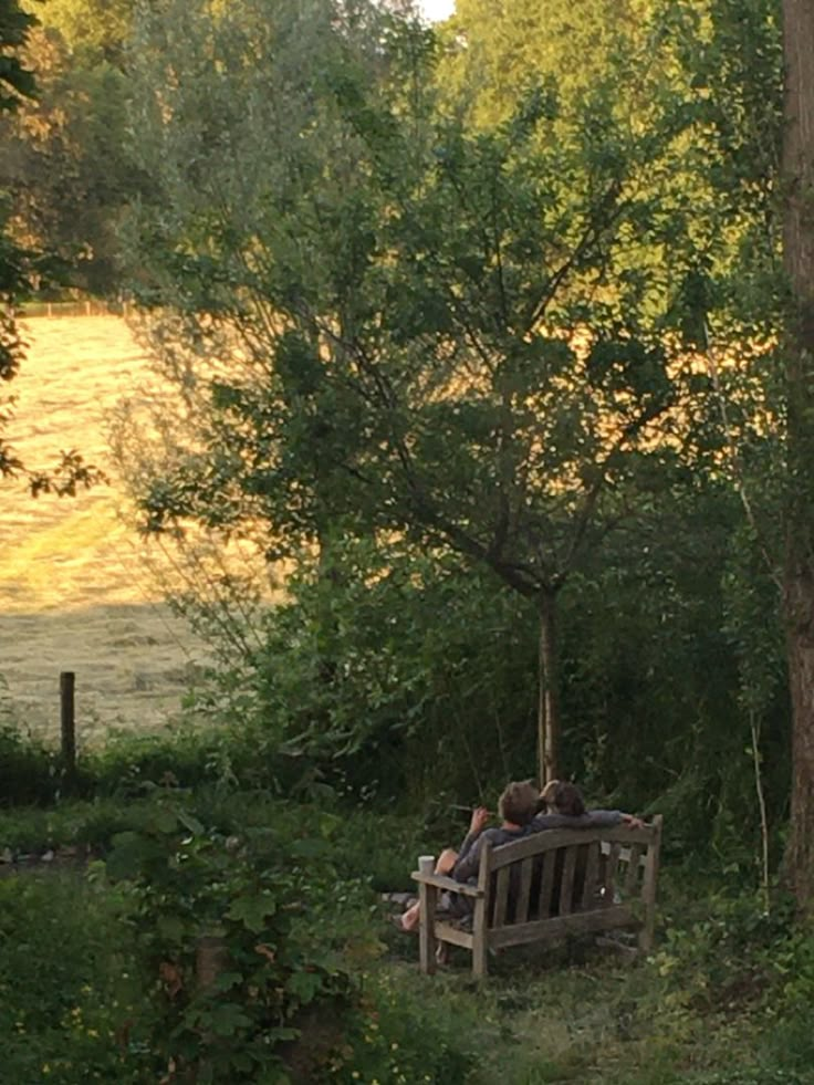 two people sitting on a park bench in the woods near a lake and trees with green foliage