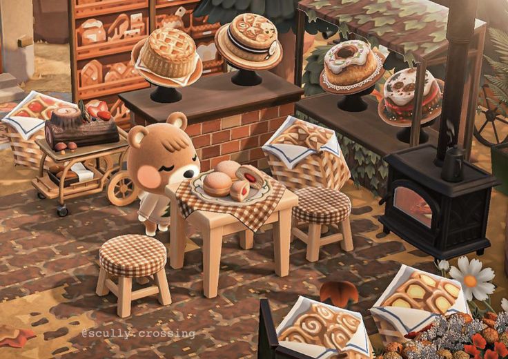 a painting of a teddy bear sitting at a table surrounded by cakes and pies