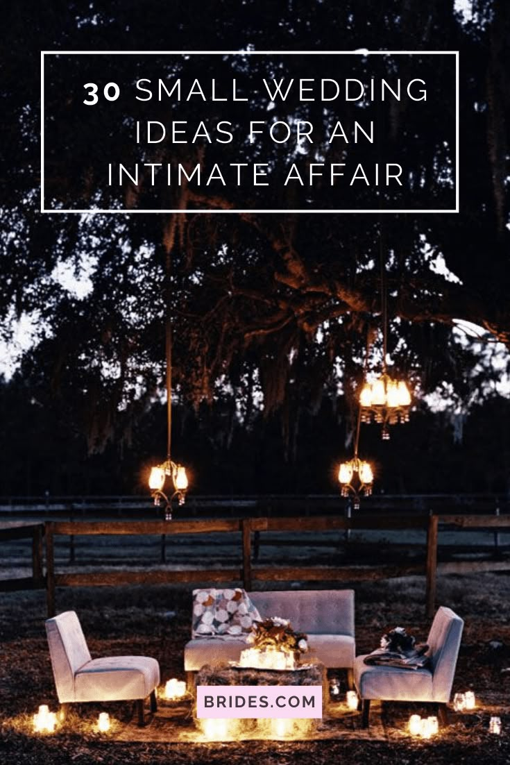 an outdoor seating area with candles lit up and the words 30 small wedding ideas for an intimate affair