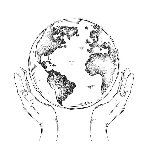 two hands holding the earth in their palms, one is drawn with black and white ink