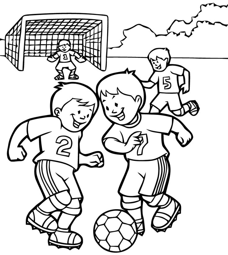 kids playing soccer coloring page with the goal in the back ground and one boy on the other side