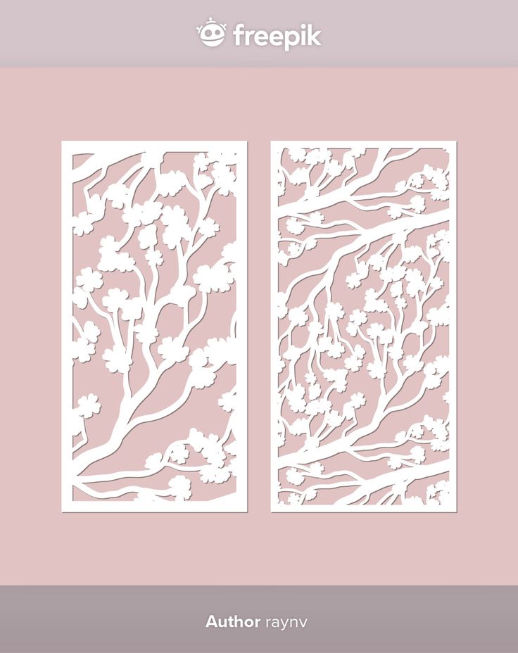 two paper cut panels with trees and flowers on them, one in white against a pink background