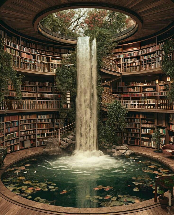 there is a waterfall in the middle of a library with bookshelves on both sides