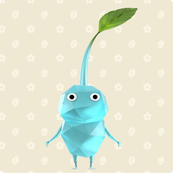 a blue origami plant with eyes and arms, holding a green leaf on its head