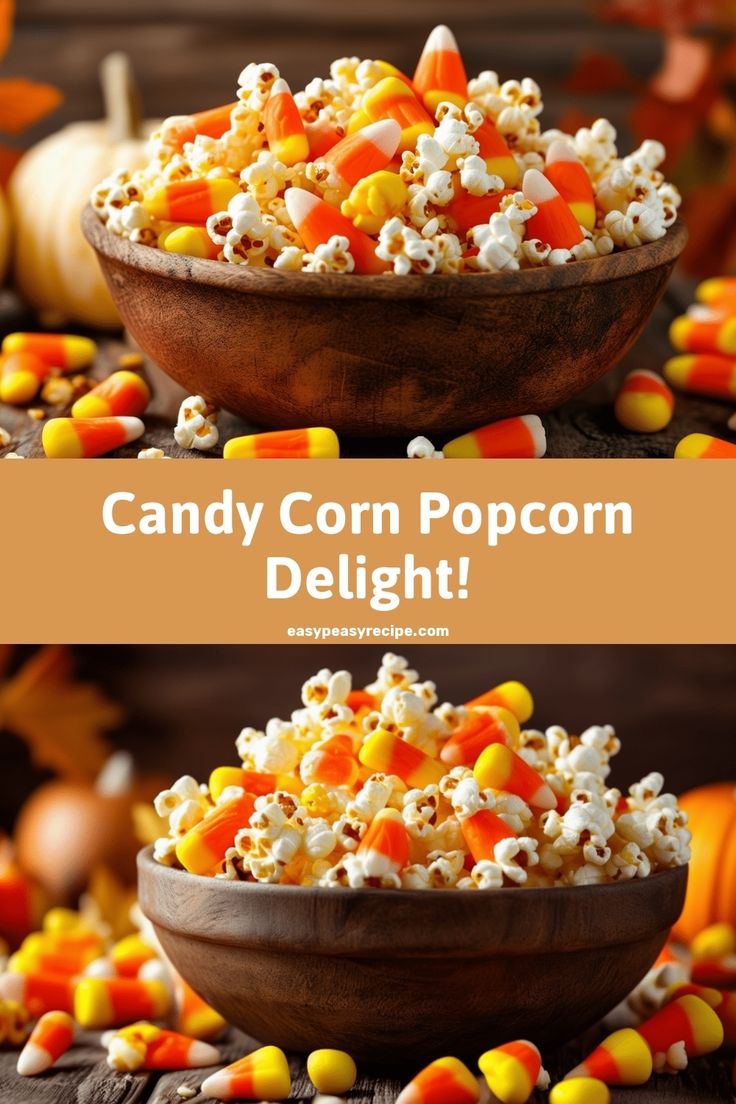 Candy corn popcorn served in wooden bowls surrounded by scattered candy corn pieces. Popcorn With Candy Corn, Candy Corn Halloween Treats, Halloween Popcorn Ideas, Candy Corn Recipes, Halloween Popcorn Mix, Candy Corn Party, Candy Corn Popcorn, Popcorn Halloween, Fall Sleepover