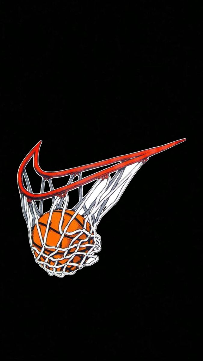 a basketball going through the rim of a hoop in the air with a red nike logo on it