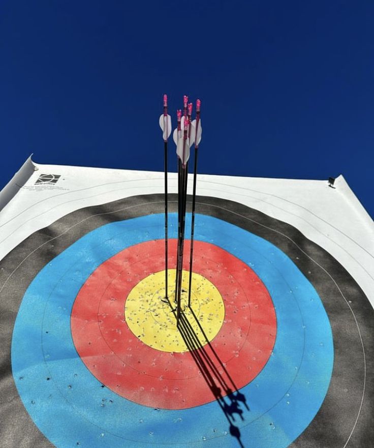 an archery target with two arrows in the center and three other arrows sticking out of it