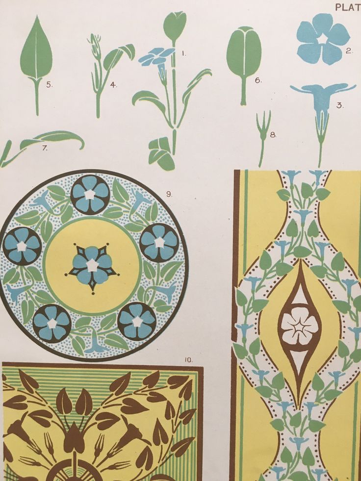 an old book with different patterns and designs on the pages, including flowers and leaves