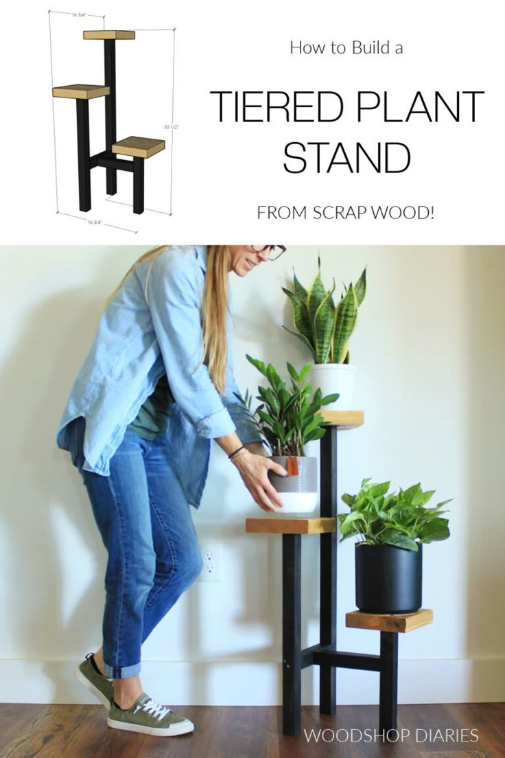 a woman standing on top of a wooden table next to a potted plant stand