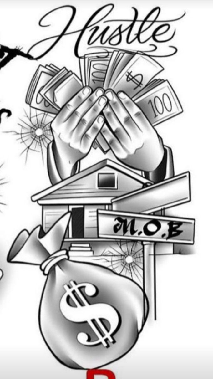 a black and white drawing of money with the words hustle on it