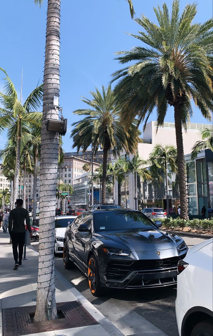 a black sports car is parked on the side of the road next to palm trees