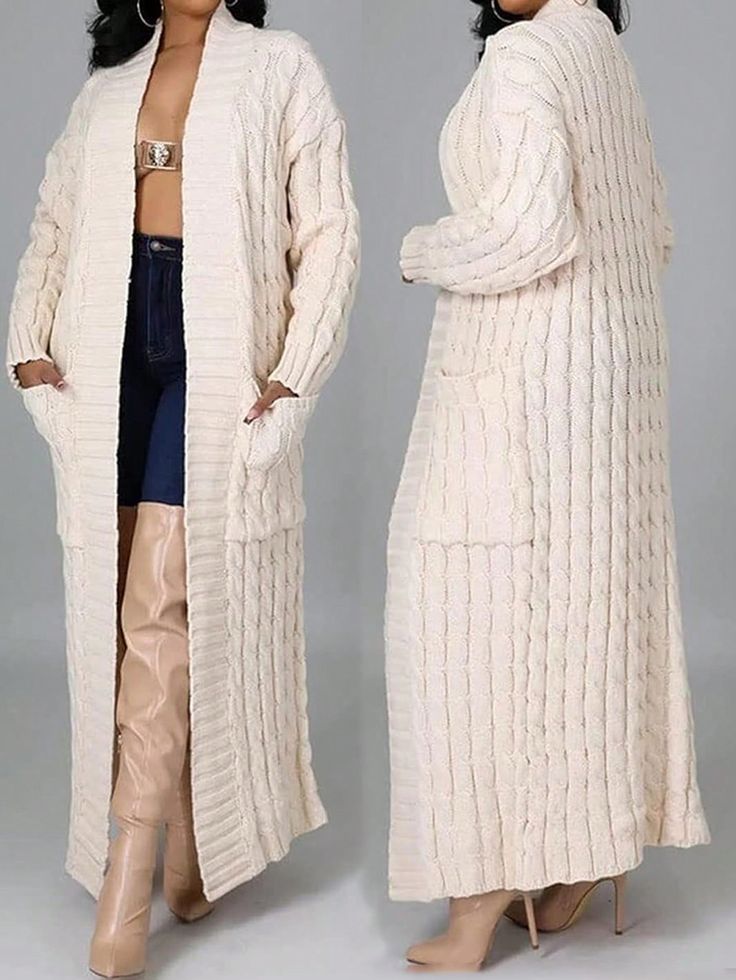 Blanco Casual Collar manga larga Lana Peinada Liso  Embellished No-Elástico Long Sweater Coat, Áo Len Cardigan, Gilet Long, Cardigan Casual, Long Sweater, Sweater Coat, Cable Knit Cardigan, Cardigan Fashion, Cable Knit Sweater