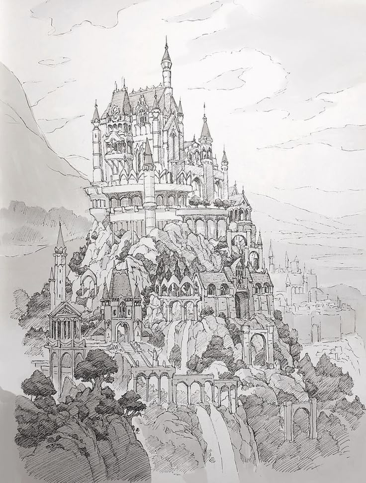 a drawing of a castle on top of a mountain