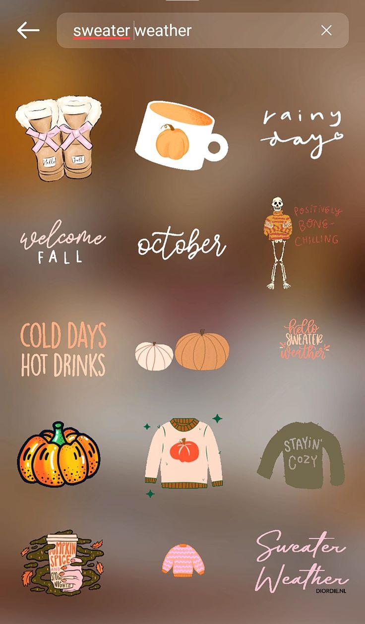 an iphone screen with various stickers on it, including coffee cups and sweaters