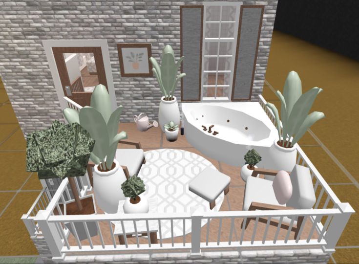 an aerial view of a house with potted plants on the balcony and a jacuzzi tub