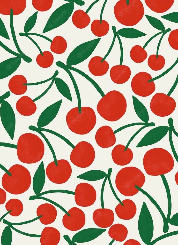 a pattern with cherries and leaves on a white background