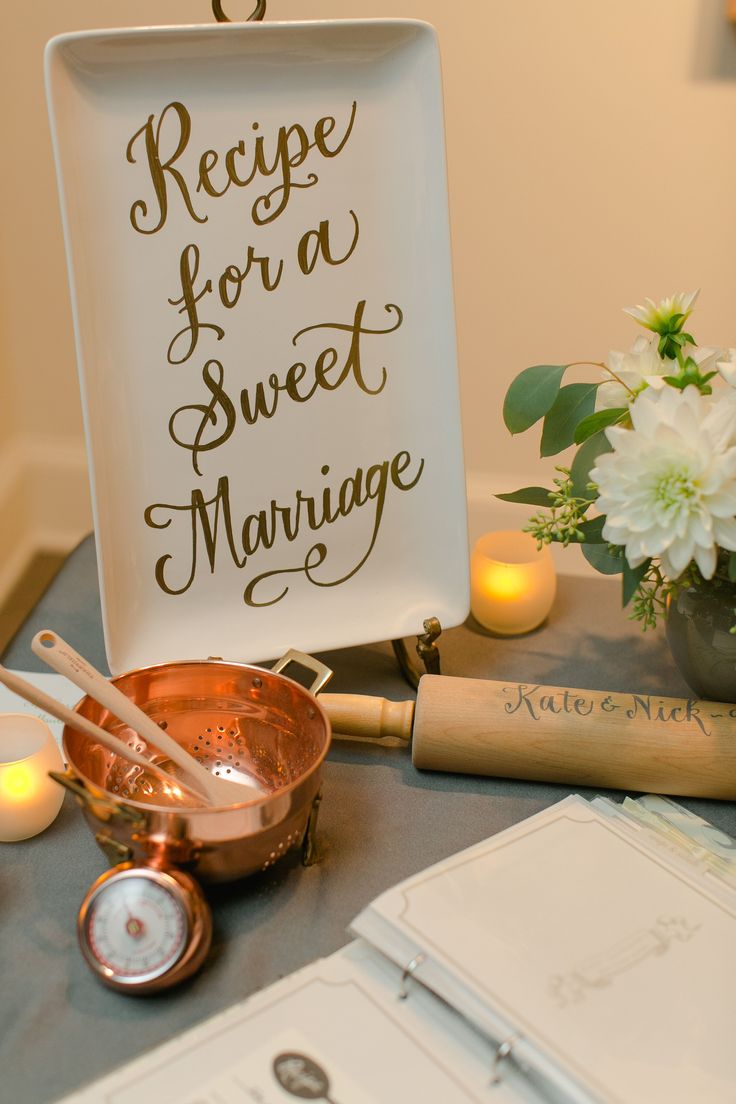 a sign that says recipe for a sweet marriage next to some candles and other items