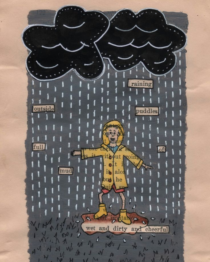 a drawing of a person on a skateboard in the rain with clouds above them