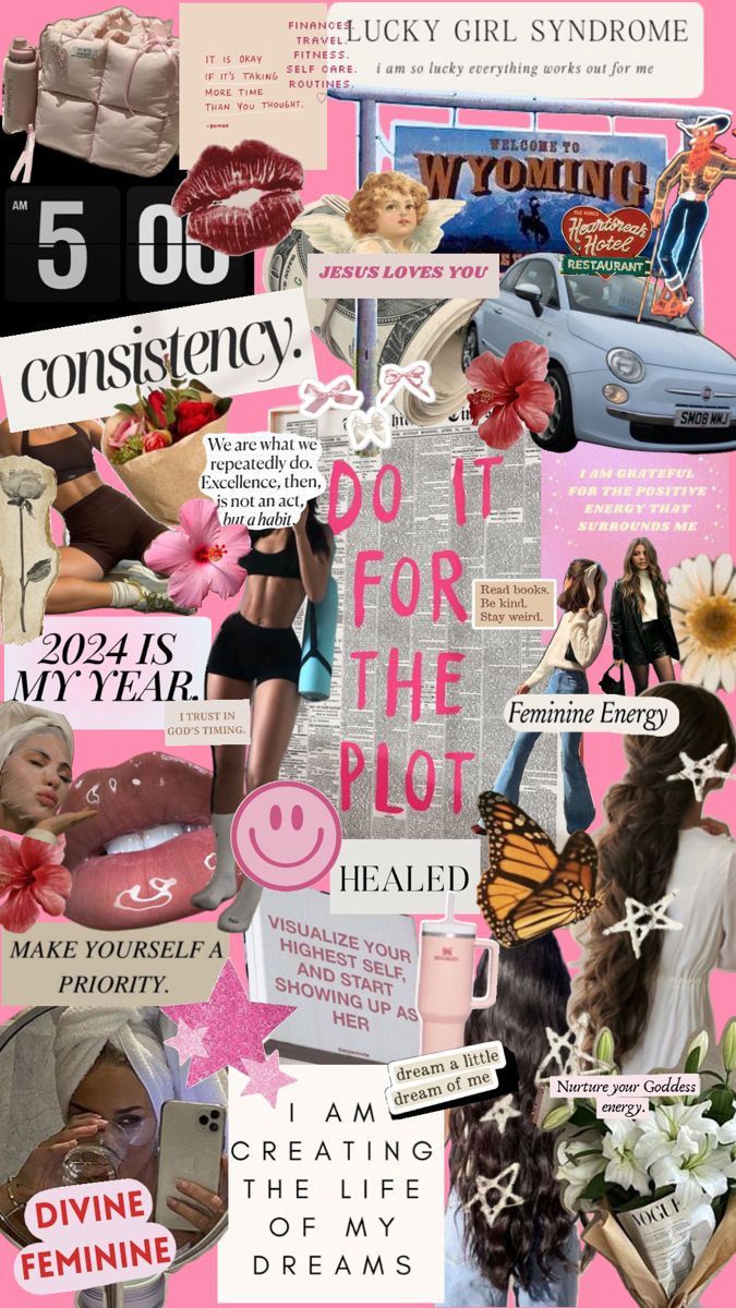 a collage of photos with pink and white