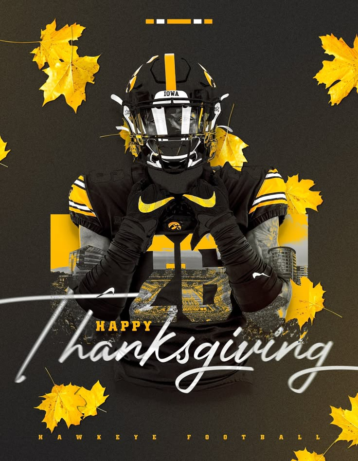 a black and yellow thanksgiving card with a football player wearing a helmet on it's head