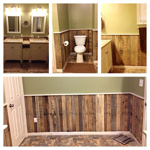 three pictures of bathroom with wood paneling on the walls and floor in different stages of being remodeled