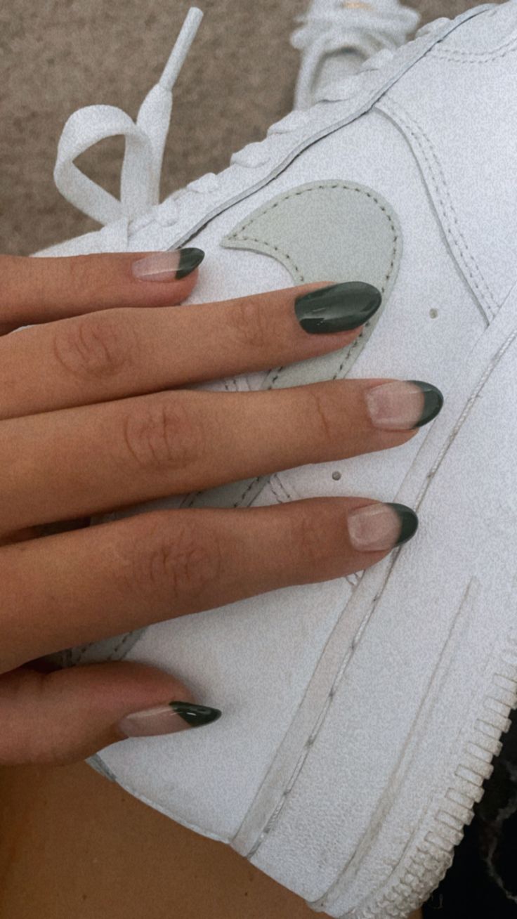 White French Tips With Green Design, Matcha Green French Tip Nails, French Nails With Green Design, Safe Green French Tips, Green French Dip Nails, French Tip Nails With One Solid Color, Basic Nails Green, Back To School Nails Green, White Nails Green Design